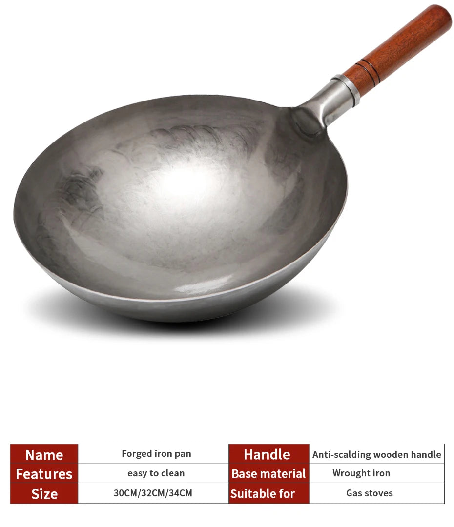 Hand Hammered Wok,traditional Iron Wok No Coating Wooden Handle Non-stick Pan Kitchen Cookware
