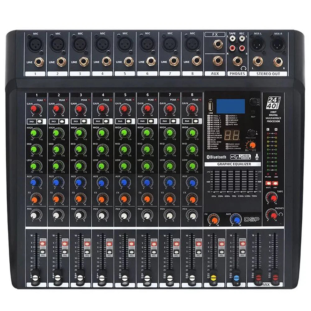 MiCWL 8 Channel Sound Mixng Console Audio DJ Controller Mixer 48V DSP Bluetooth
