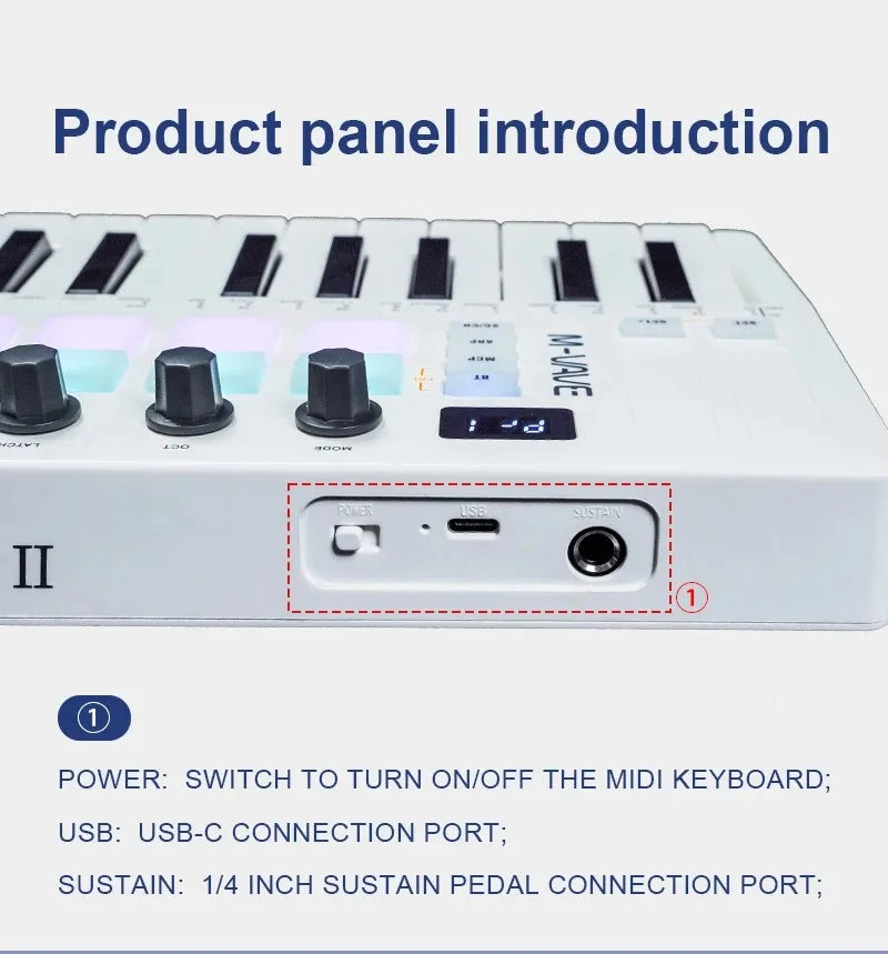 M-WAVE 25 Key USB MIDI Keyboard Controller With 16 Backlit Drum Pads Bluetooth Semi Weighted Professional Dynamic Keybed