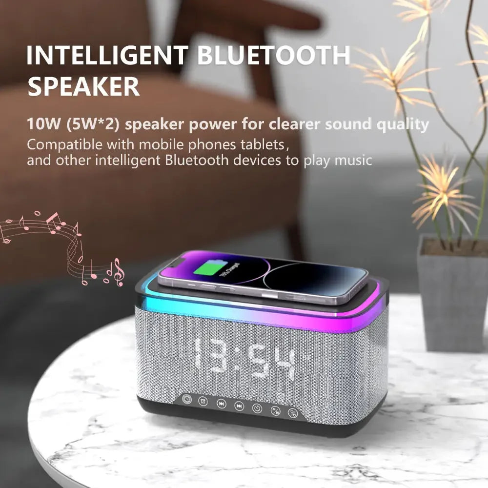 Portable Speakers with Alarm Clock Smart Colorful RGB Night LED Flashing Light Lamp Wireless Charging Desktop Indoor Sleep Aid