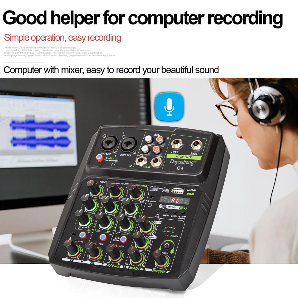 Depusheng C4 Multifunctional Computer Mobile Phone Recording Live 4 Channel Mini Audio Mixer