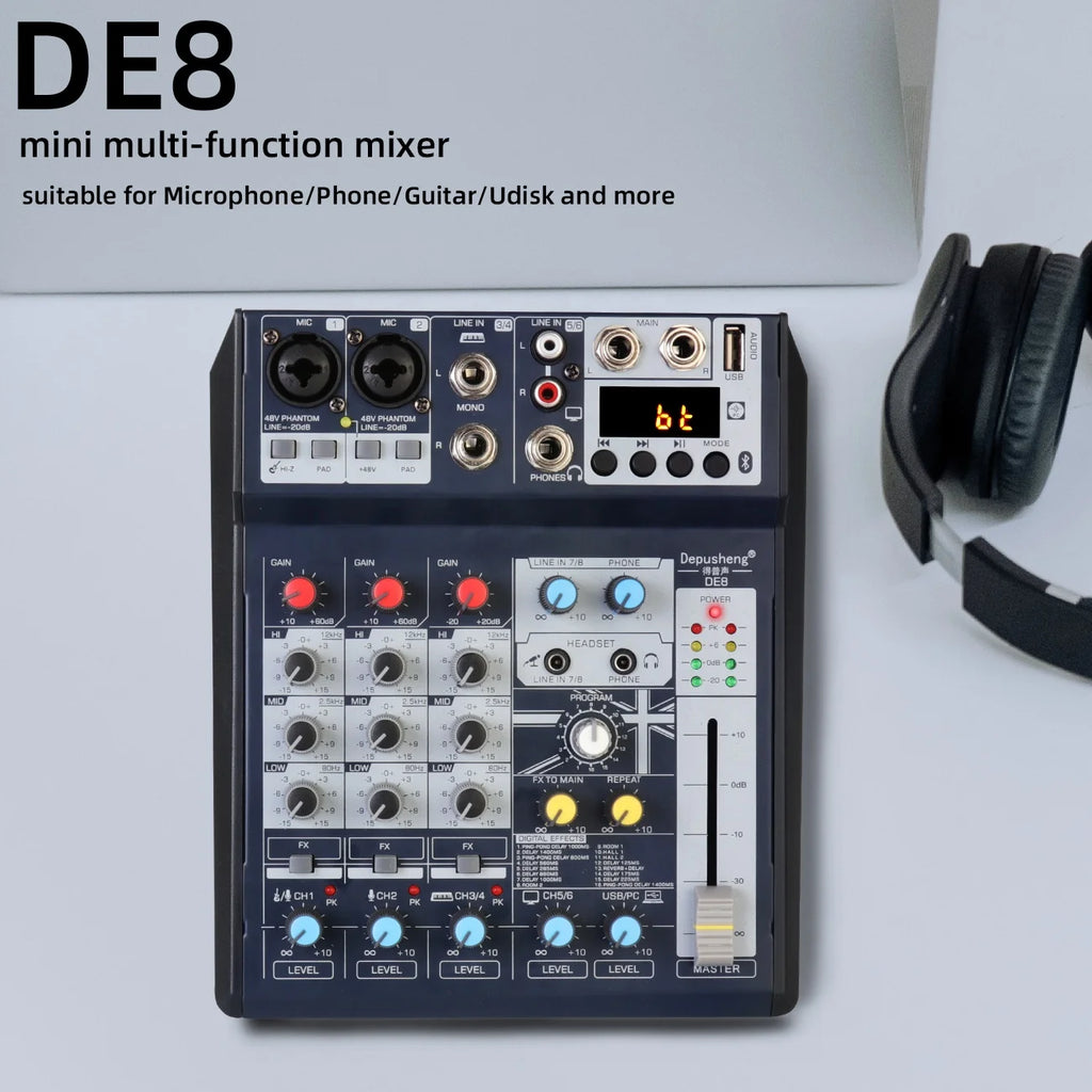 Depusheng DE8 Professional DJ Sound Controller with 16 Bit DSP Sound Card 8 Channel Mixer Audio for PC Recording