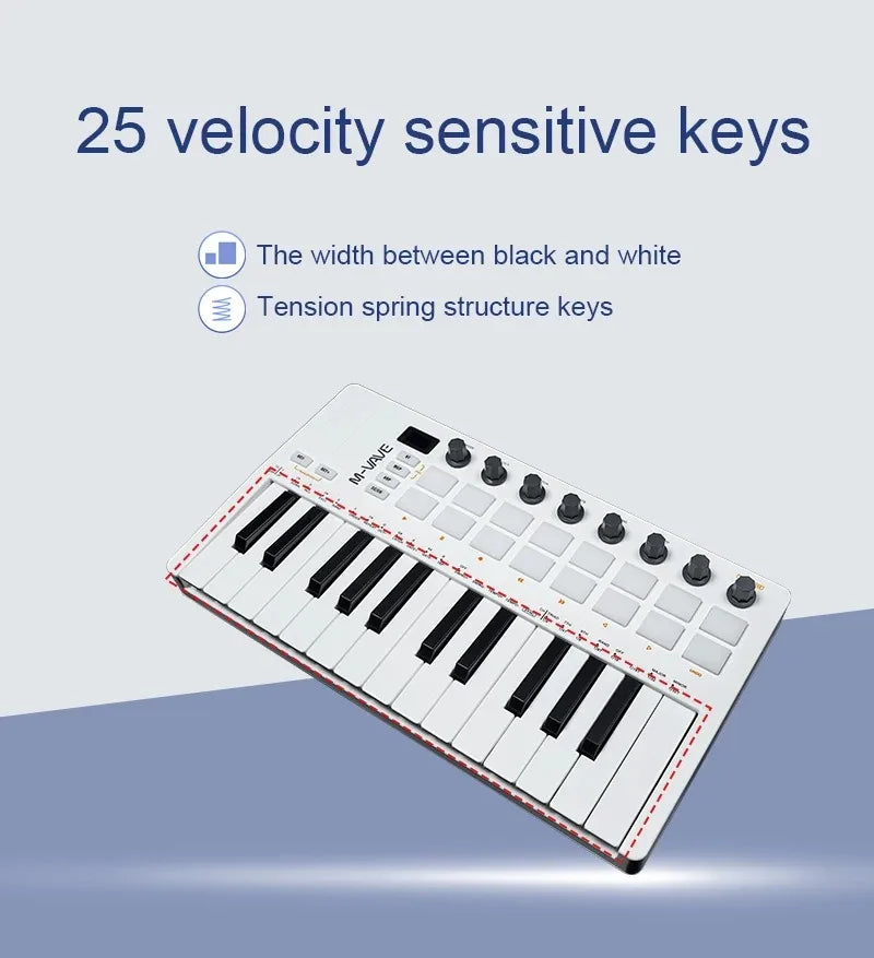 M-WAVE 25 Key USB MIDI Keyboard Controller With 16 Backlit Drum Pads Bluetooth Semi Weighted Professional Dynamic Keybed