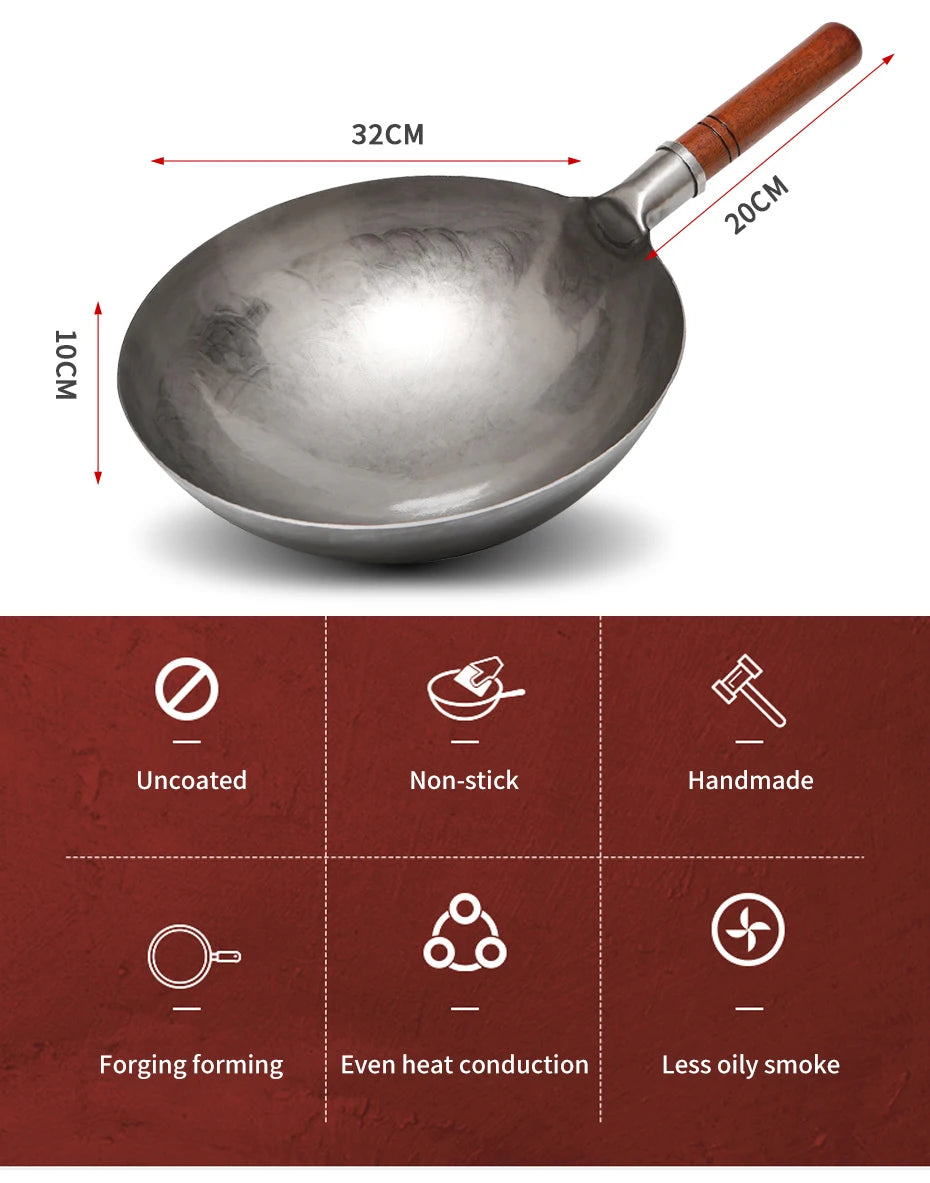 Hand Hammered Wok,traditional Iron Wok No Coating Wooden Handle Non-stick Pan Kitchen Cookware