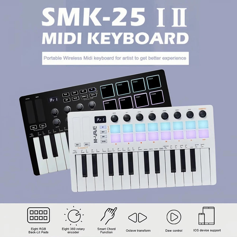 M-WAVE 25 Key USB MIDI Keyboard Controller With 16 Backlit Drum Pads Bluetooth Semi Weighted Professional Dynamic Keybed