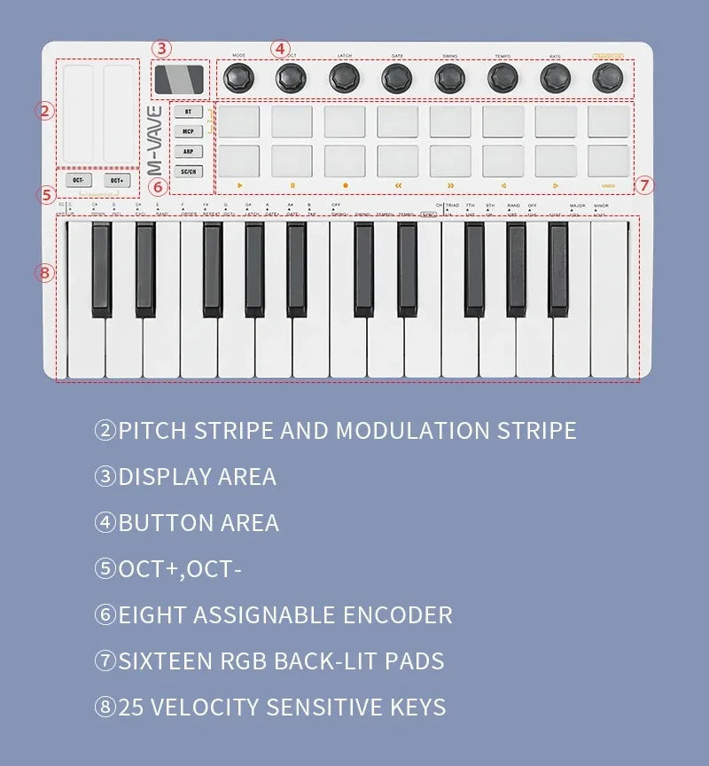 M-WAVE 25 Key USB MIDI Keyboard Controller With 16 Backlit Drum Pads Bluetooth Semi Weighted Professional Dynamic Keybed