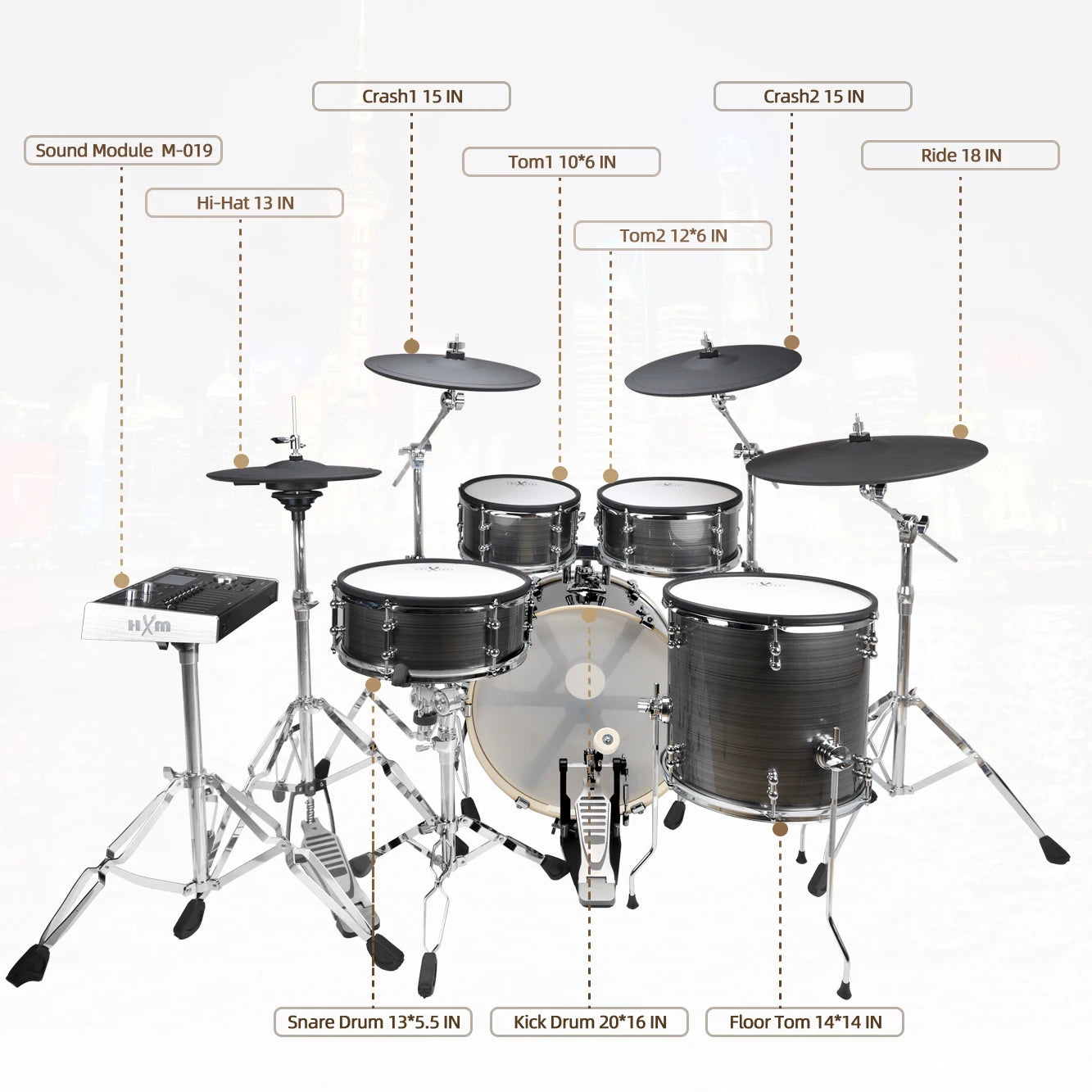 HXM Electronic Drum Professional Manufacture High-end Electronic Drum 9-piece Mesh Head Drum Set with 18" Cymbal