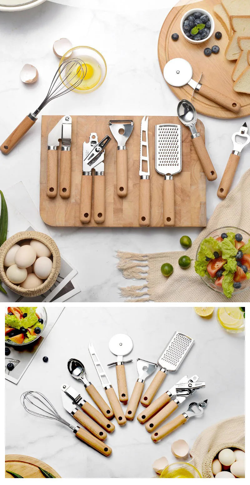 Cooking Utensils Set With Wooden Handle Can Opener Baking Set Cooking Tool Kitchenware Pizza Peeler Cheese Knife Kitchen Gadget