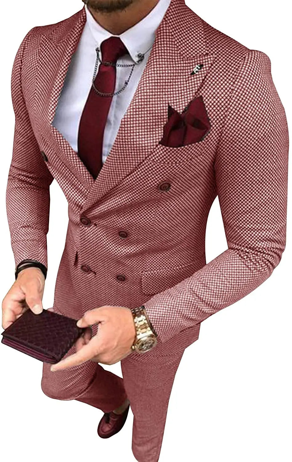 Men's Business Suits 2 Pieces Double Breasted Regular Fit Notch Lapel Plaid Wool Prom Tuxedos For Wedding (Blazer+Pants)