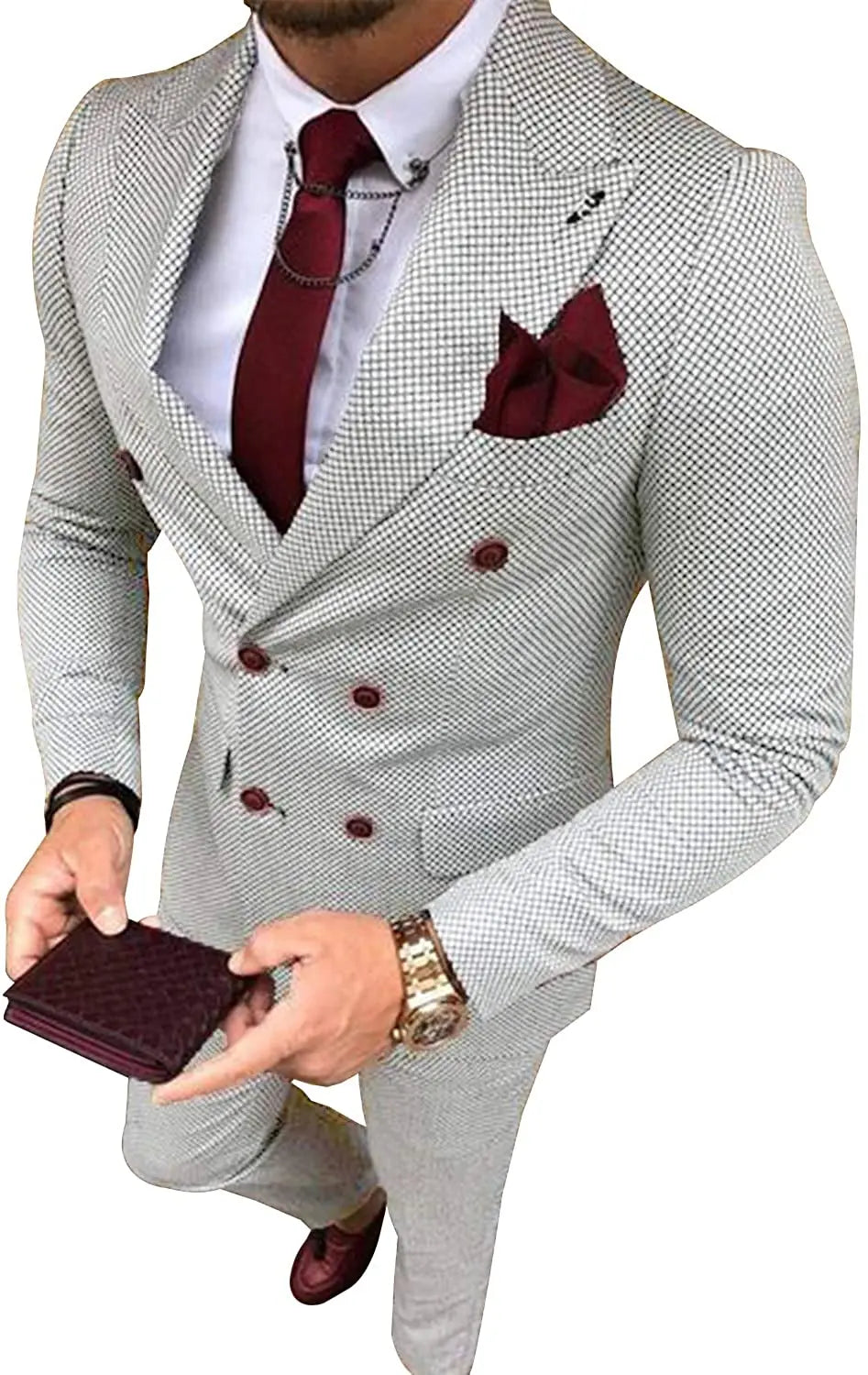 Men's Business Suits 2 Pieces Double Breasted Regular Fit Notch Lapel Plaid Wool Prom Tuxedos For Wedding (Blazer+Pants)