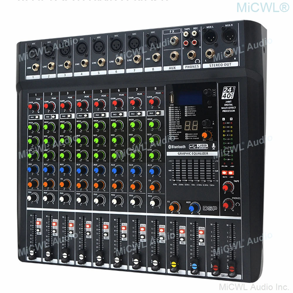 MiCWL 8 Channel Sound Mixng Console Audio DJ Controller Mixer 48V DSP Bluetooth