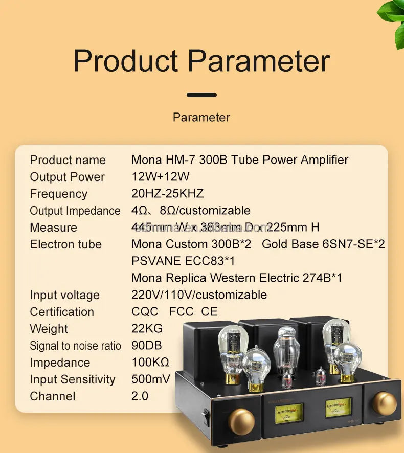 Vintage 300B Tube Amplifier MONA Class Stereo HiFi Amp 274B Rectifier 6SN7&ECC83 Tubes Retro VU Meter Pure Warm Analog Music