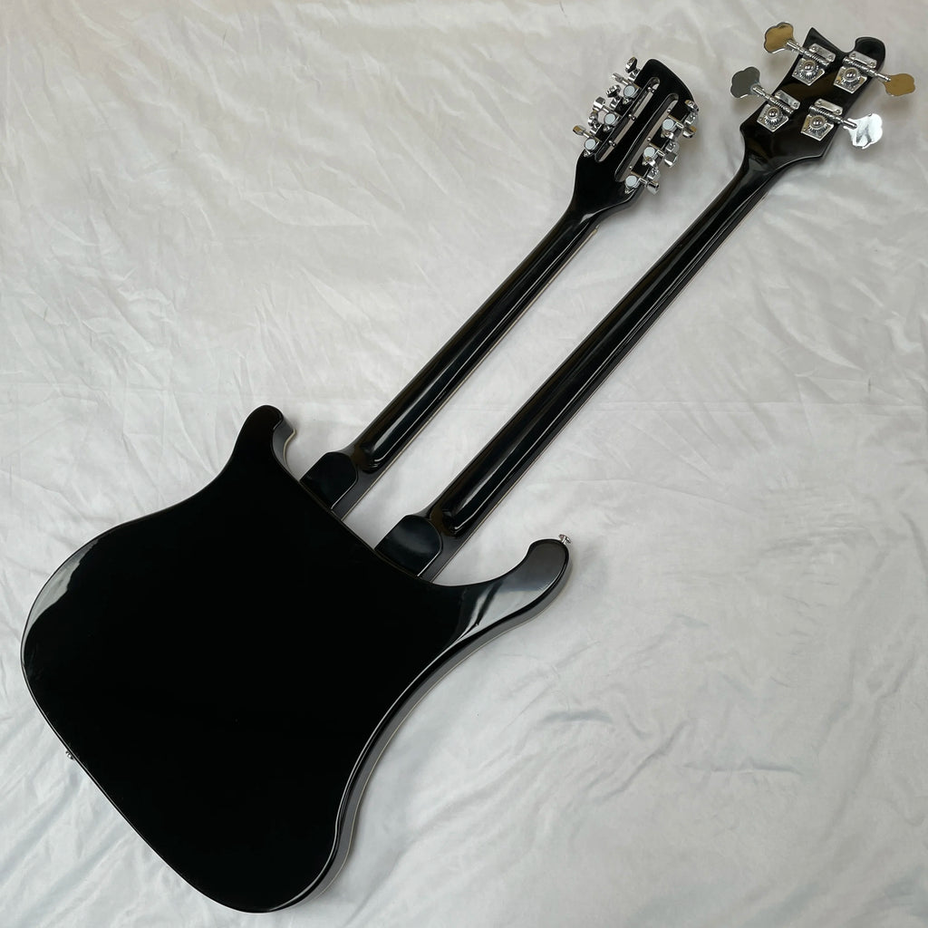 R-Brand Black Electric Bass Guitar with 4+12 Strings White Pickguard Red Chrome Hardware