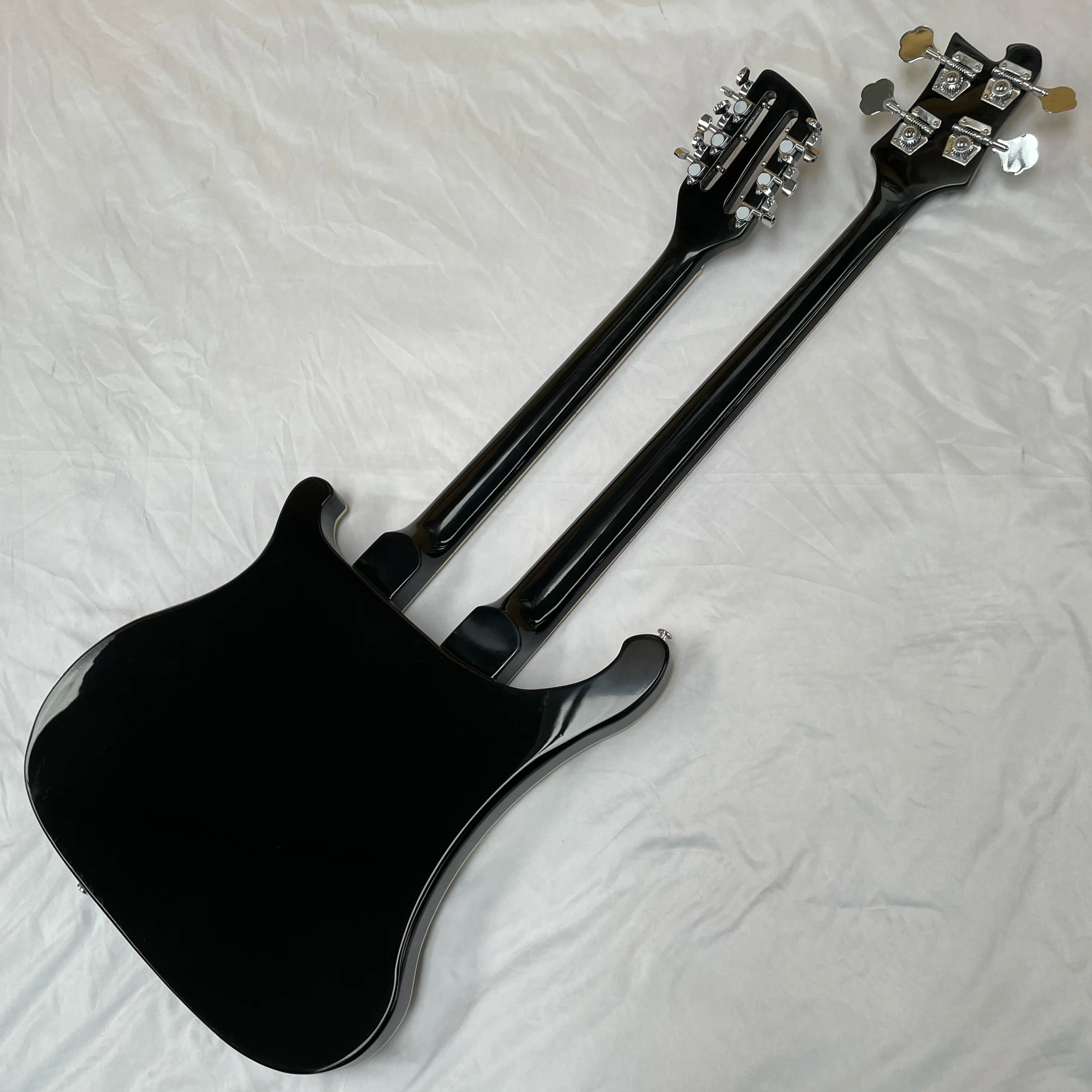 R-Brand Black Electric Bass Guitar with 4+12 Strings White Pickguard Red Chrome Hardware