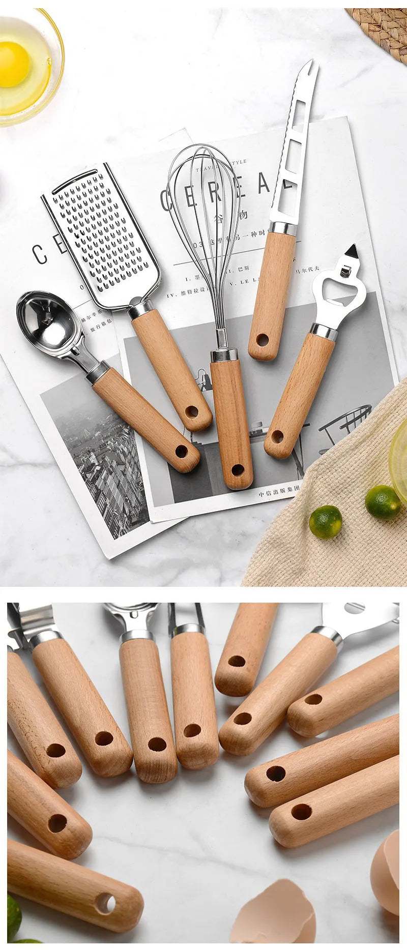Cooking Utensils Set With Wooden Handle Can Opener Baking Set Cooking Tool Kitchenware Pizza Peeler Cheese Knife Kitchen Gadget