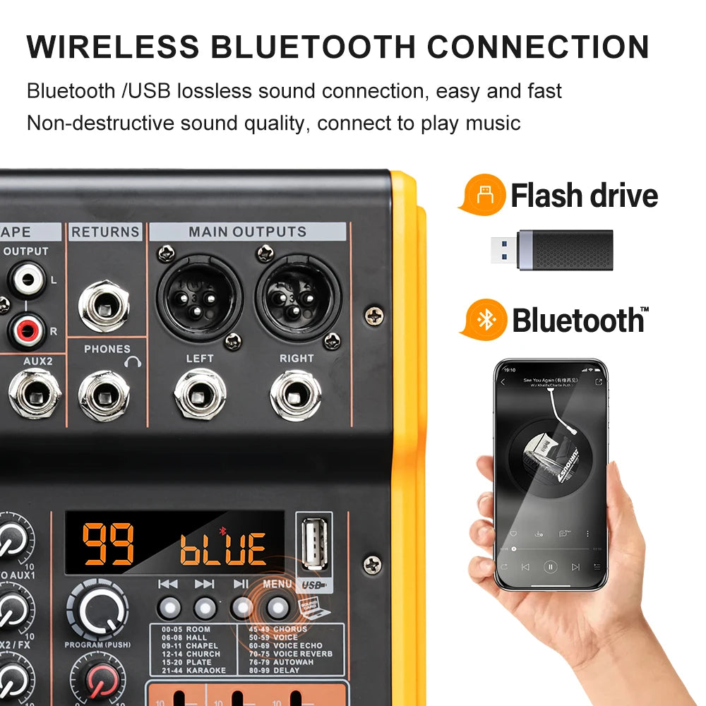 LEUS BL4/6 Channel 99 DSP Effect Audio Mixer Record PC 48V Phantom Power USB Sound Mixers Bluetooth DJ Console Mixing for Karaok
