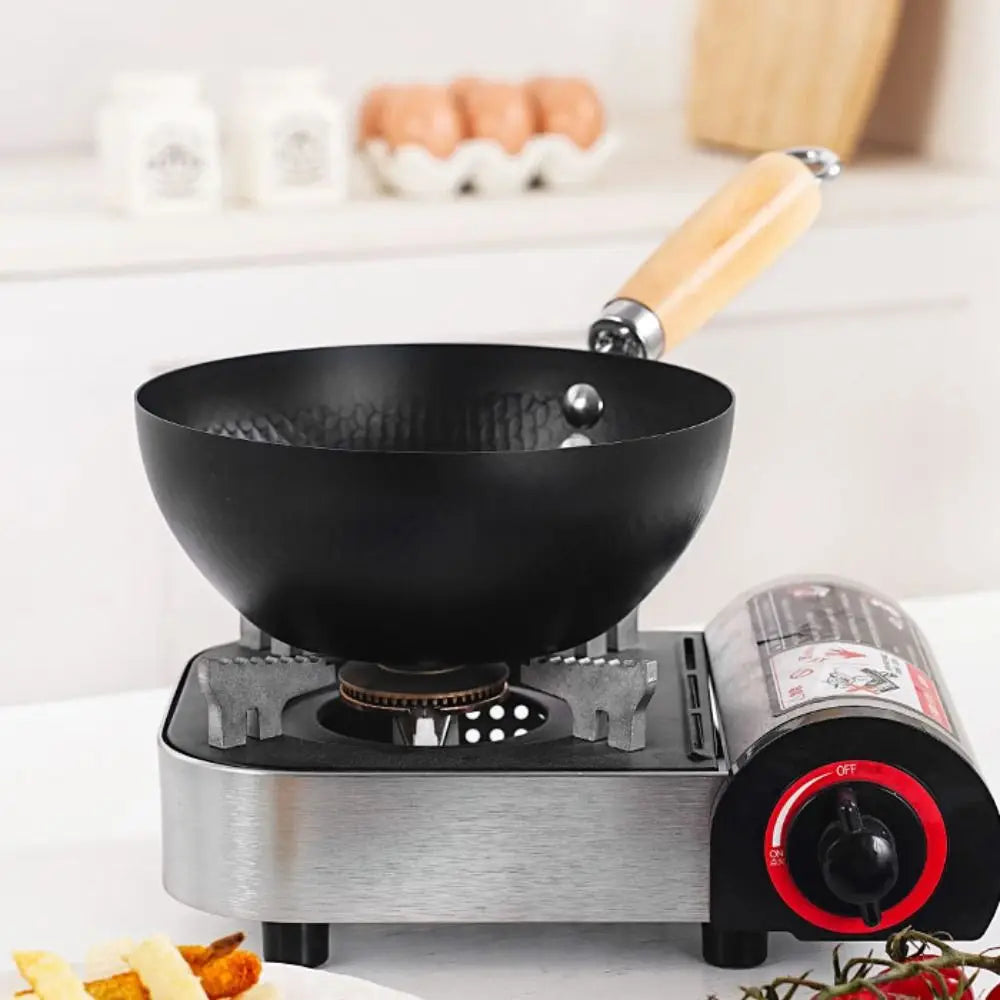 Durable Non-stick Small Cast Iron Wok No Coating Universal Frying Pan Wood Handle Deepened Pot Single