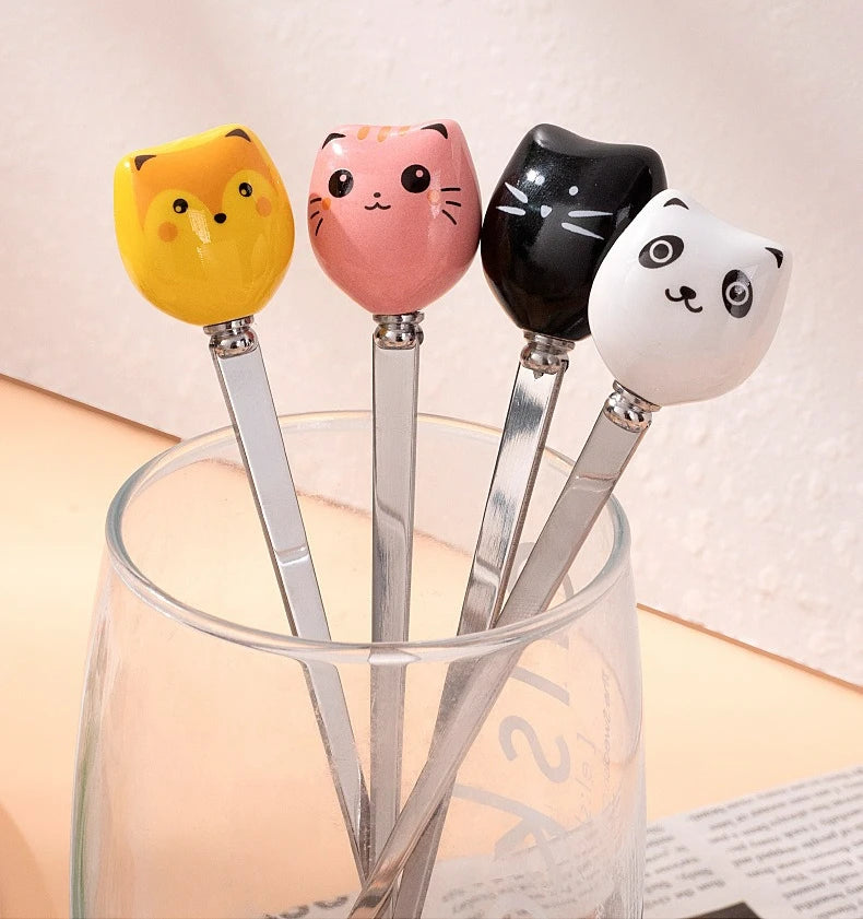 Coffee and Dessert Spoons Flatware Kitchen Tools Ice Cream Cartoon Stirring Spoon Stainless Steel Long Cat Handle Ceramic Spoon