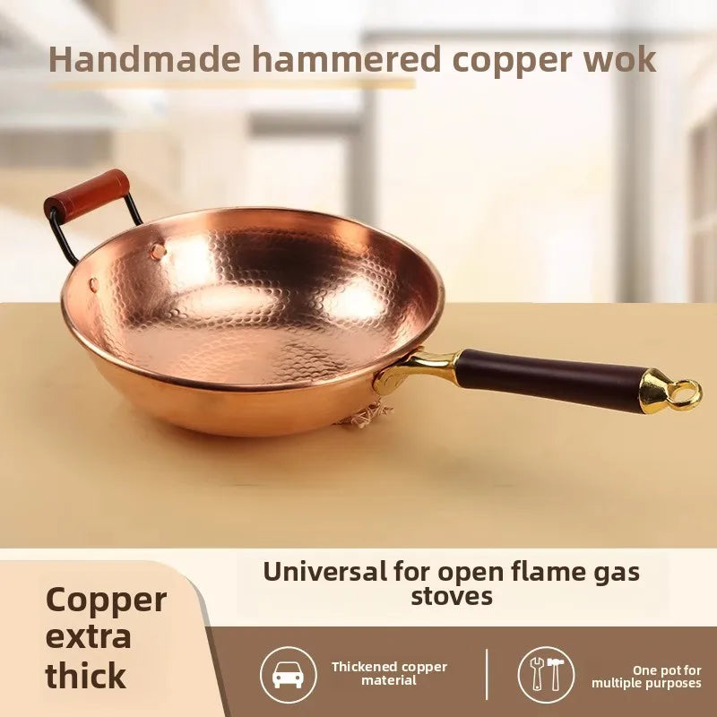 Hand-Forged Pure Copper Wok Pan Non-Stick Without Coating Traditional Cookware for Home & Commercial Use Ergonomic Handle