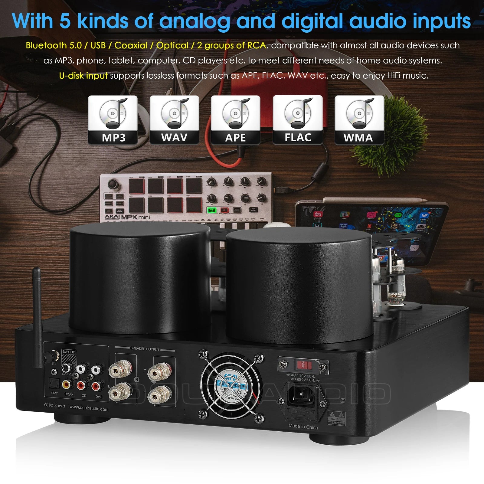 Nobsound HiFi Hybird Stereo Valve Tube Amplifier Bluetooth 5.0 Audio Receiver COAX / OPT Power Amp USB Player
