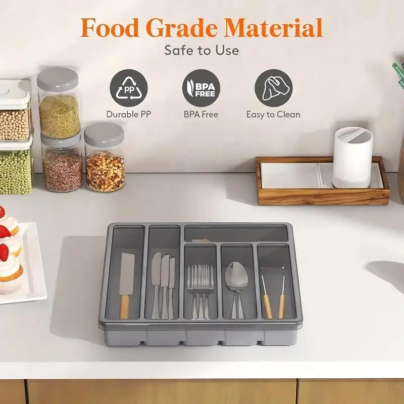 Silverware Organizer with Lid Covered Utensil Tray for Kitchen Plastic Cutlery and Flatware Storage Box for Spoons Forks Knives