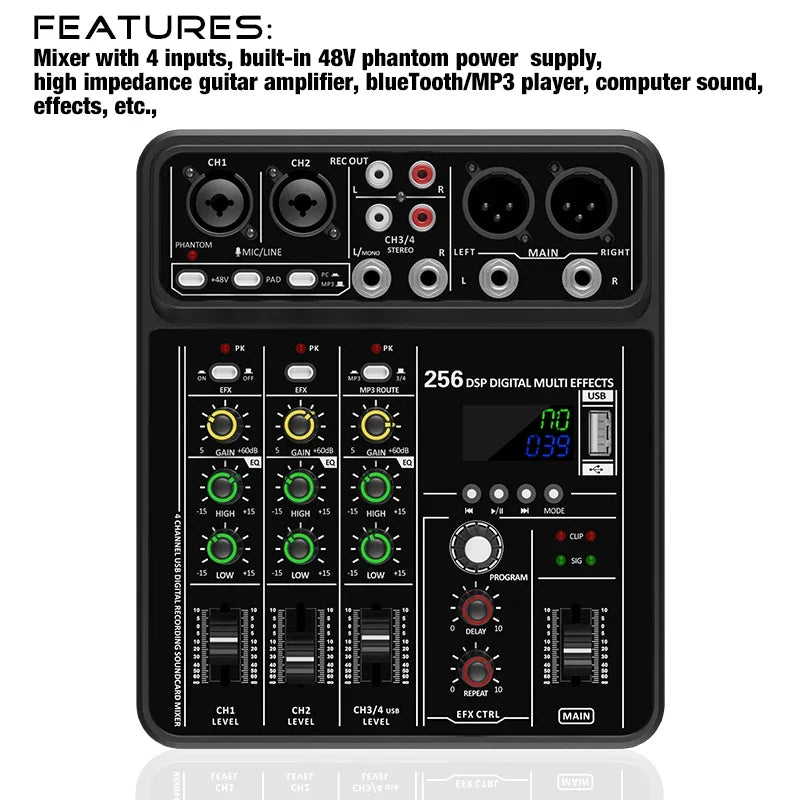 Audio Interface Mixer with Bluetooth USB Recording Computer 48V Phantom Power Delay Replay Effects, 4-Channel Audio Mixer ﻿