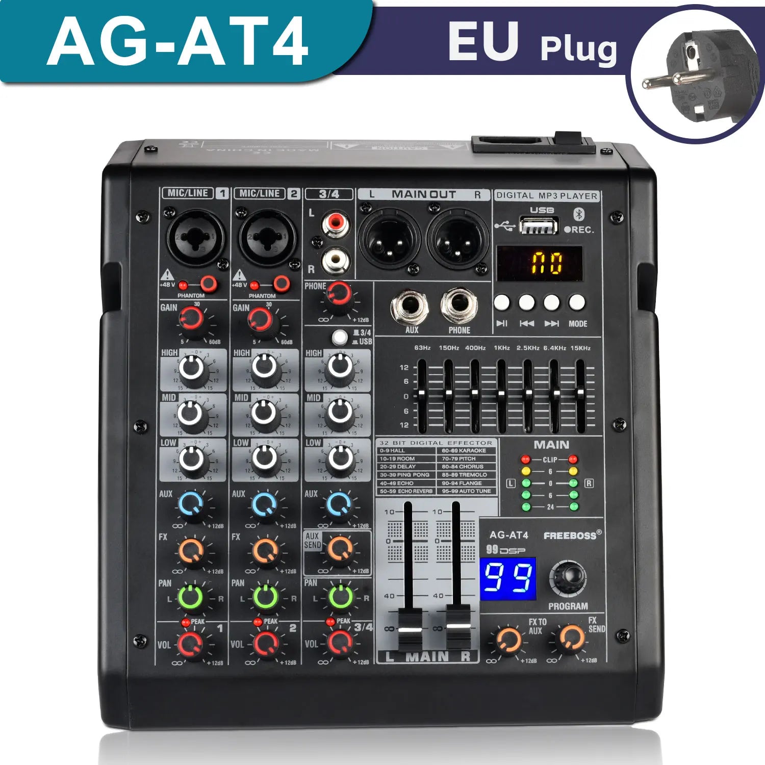 Freeboss Audio Mixer 4 Channels 99 Effect USB Mixing Console PC Record Bluetooth Studio 48V Sound Table Karaoke Mix Desk AG-AT4