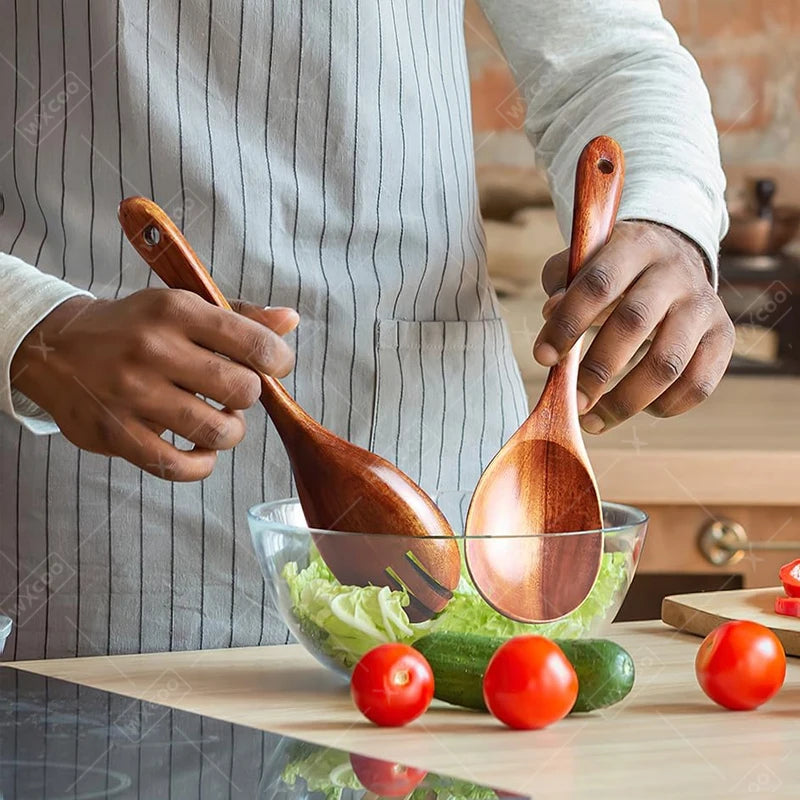 2Pcs Wooden Salad Spoons Acacia Salad Tongs Durable Wood Salad Mixing Dinner Fork And Spoon Long Handle Salad Server Spoons Set