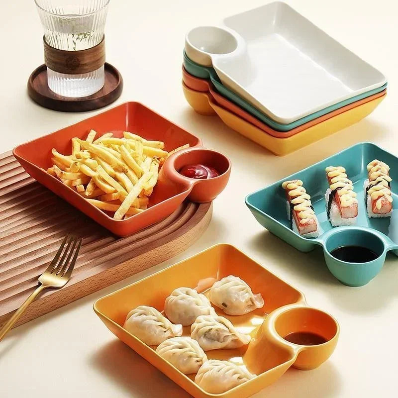 4pcs Easter Themed Chips & Dip Plates, Plastic Dumpling Serving Platter with Dipping Cup, Divided Snack Dishes for Appetizer