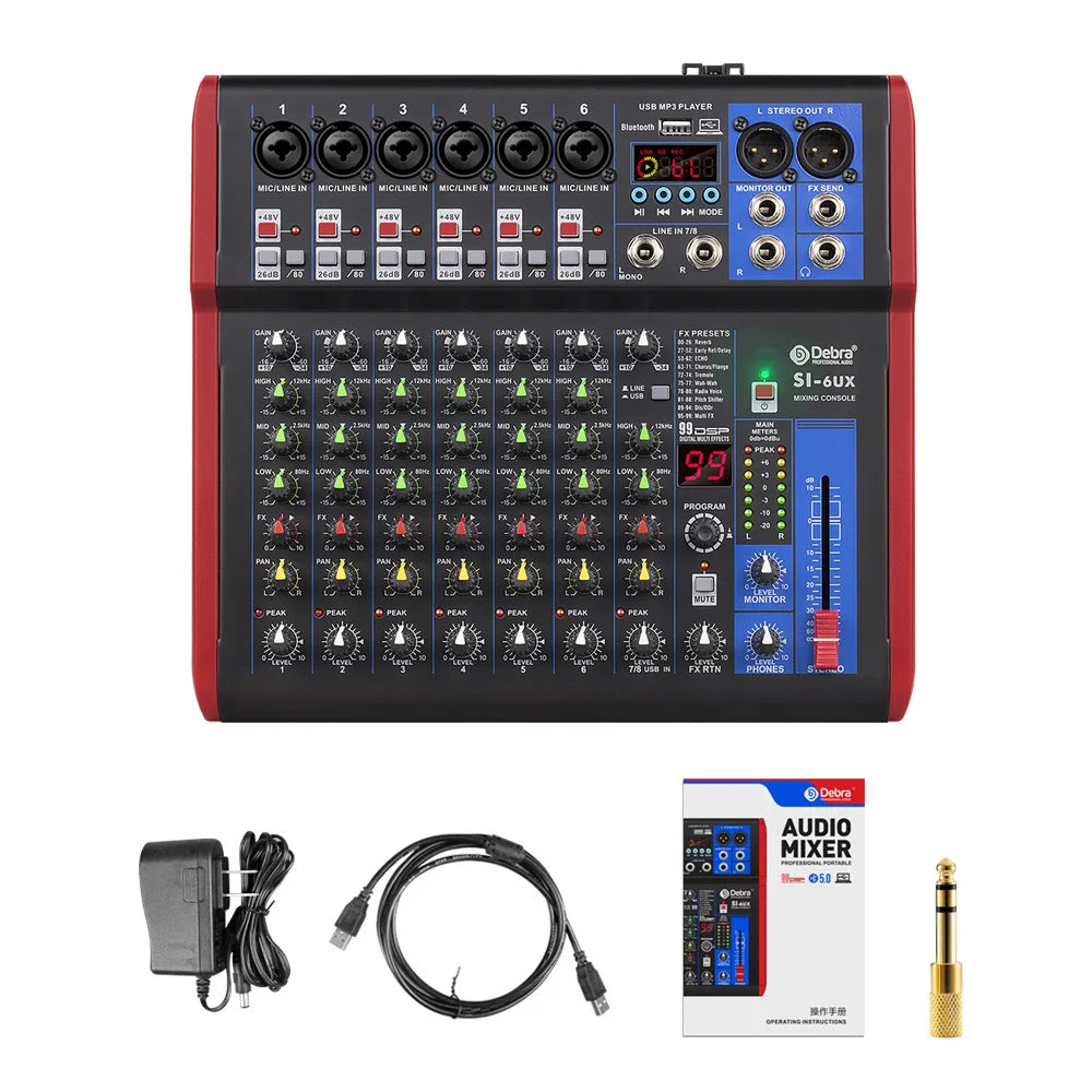 4 6 8-channel portable audio mixer, 99 DSP digital effects, Bluetooth 5.0 USB tuner for DJ consoles, karaoke, music festivals
