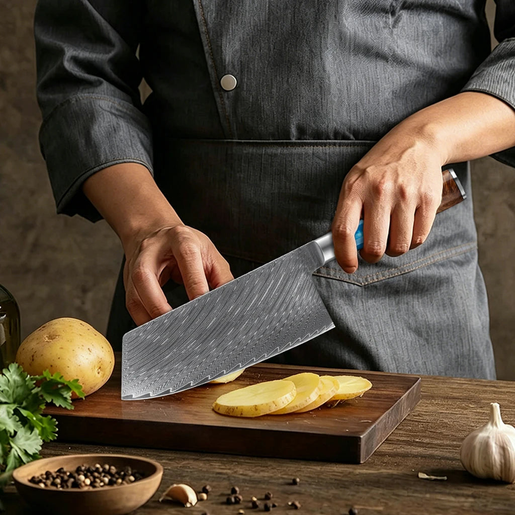 Kitchen Knives-Set Damascus Steel Cleaver Knife Nakiri Knife Meat Vegetable Blue Resin Handle set
