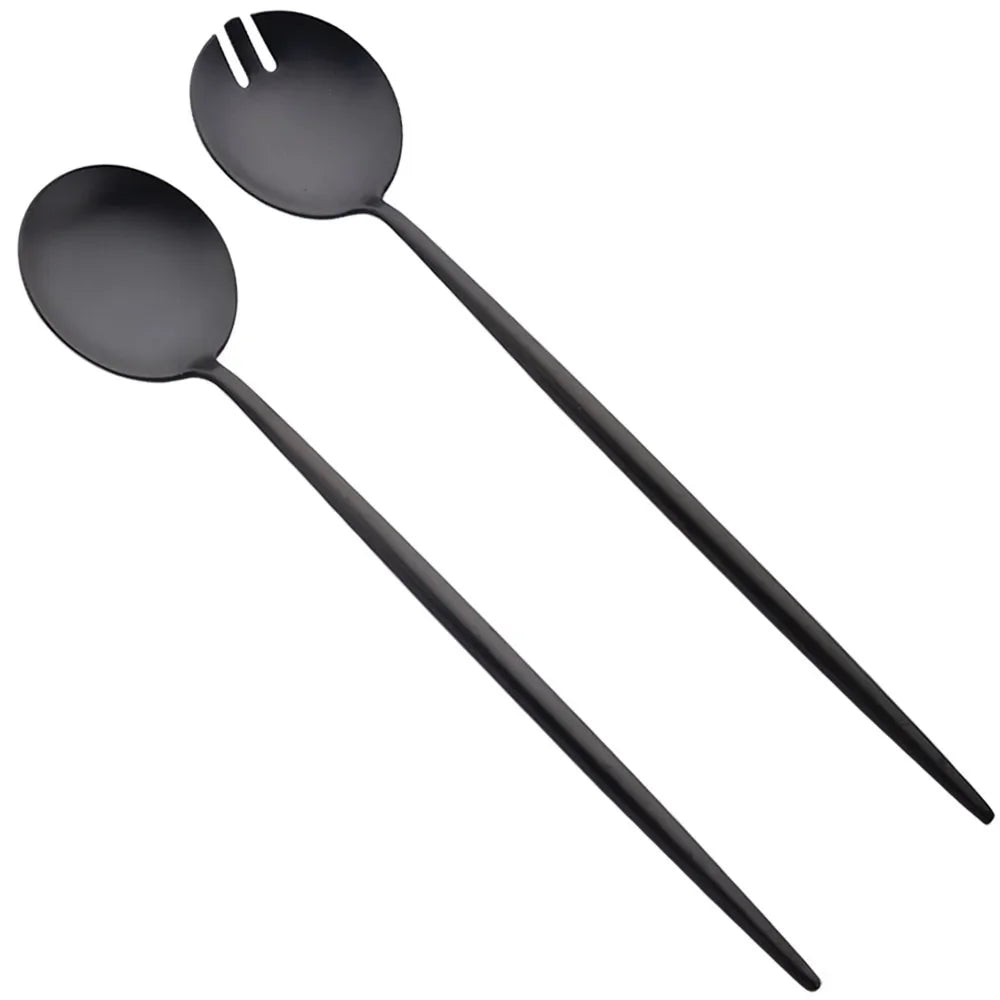 Serving Salad Spoon 2Pcs Black Salad Spoon Fork Set Long Handle Cutlery Set Stainless Steel Kitchenware Scoop Server Salad Set