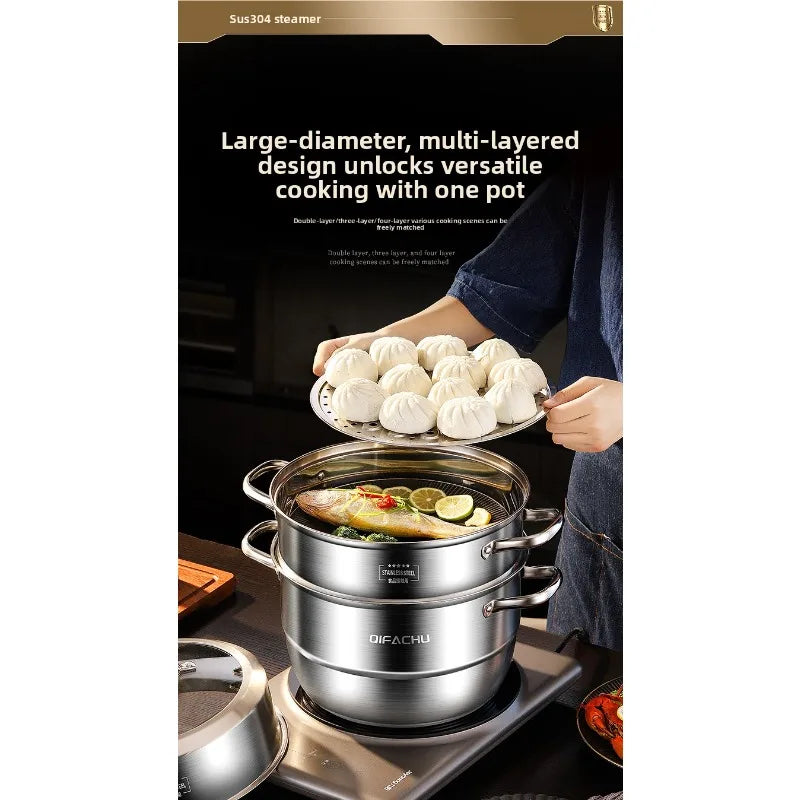 Household 304 stainless steel steamer -thick bottom, large capacity, dual-layer and triple-layer multi-functional universal type