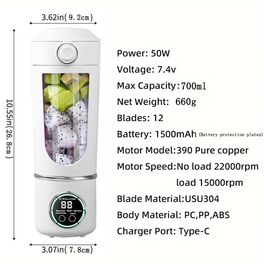 Electric juicer, portable digital blender, USB charging juicer, suitable for making smoothies, milkshakes, and fruit juices