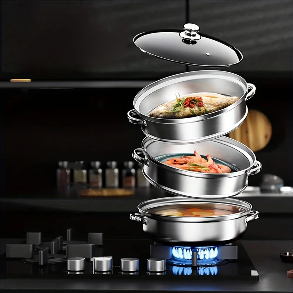 1pc 2/3 three-layer Stainless Steel Steamer, Thickened Material, Durable And Easy To Wash!
