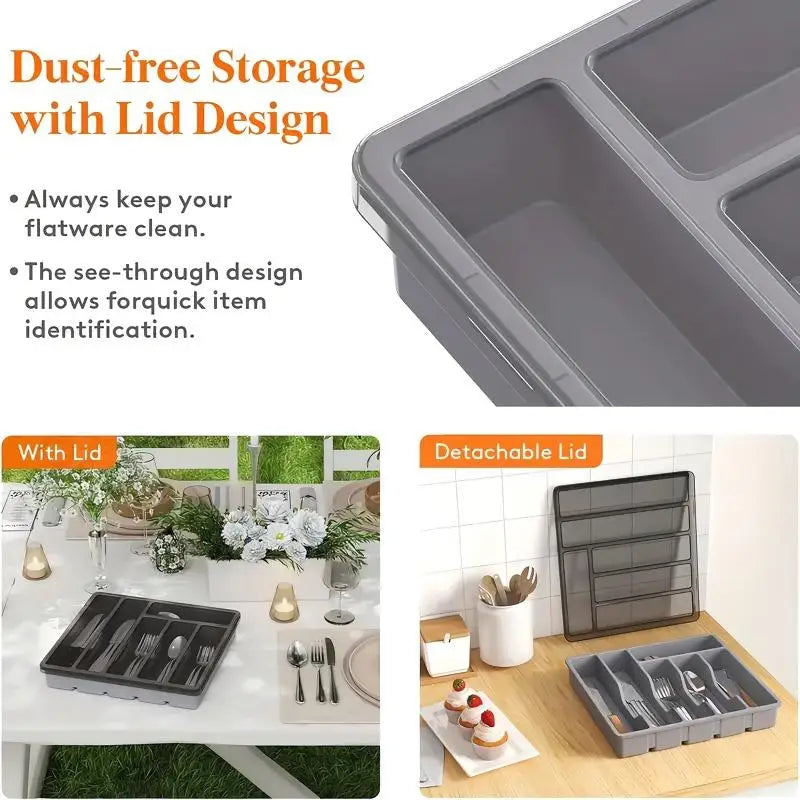 Silverware Organizer with Lid Covered Utensil Tray for Kitchen Plastic Cutlery and Flatware Storage Box for Spoons Forks Knives