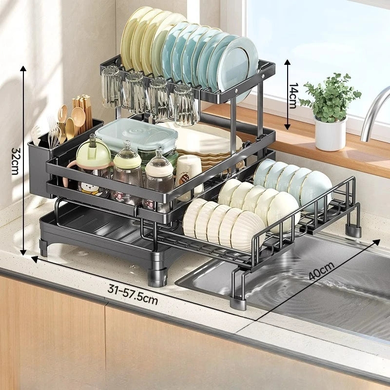 Kitchen Storage Rack, Foldable and Pull-out Cutlery Storage Platform, Double-layer Drain Basket, Bowl and Plate Storage Rack