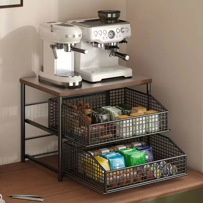 1 space saving kitchen countertop storage rack with drawers and metal baskets - sturdy multi-layer storage rack