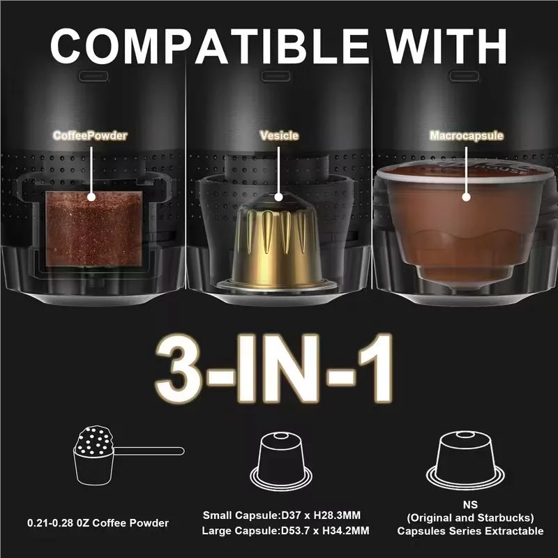 Portable espresso machine, coffee maker for on the go, 3-in-1 rechargeable coffee maker for the car, compatible with ground coff
