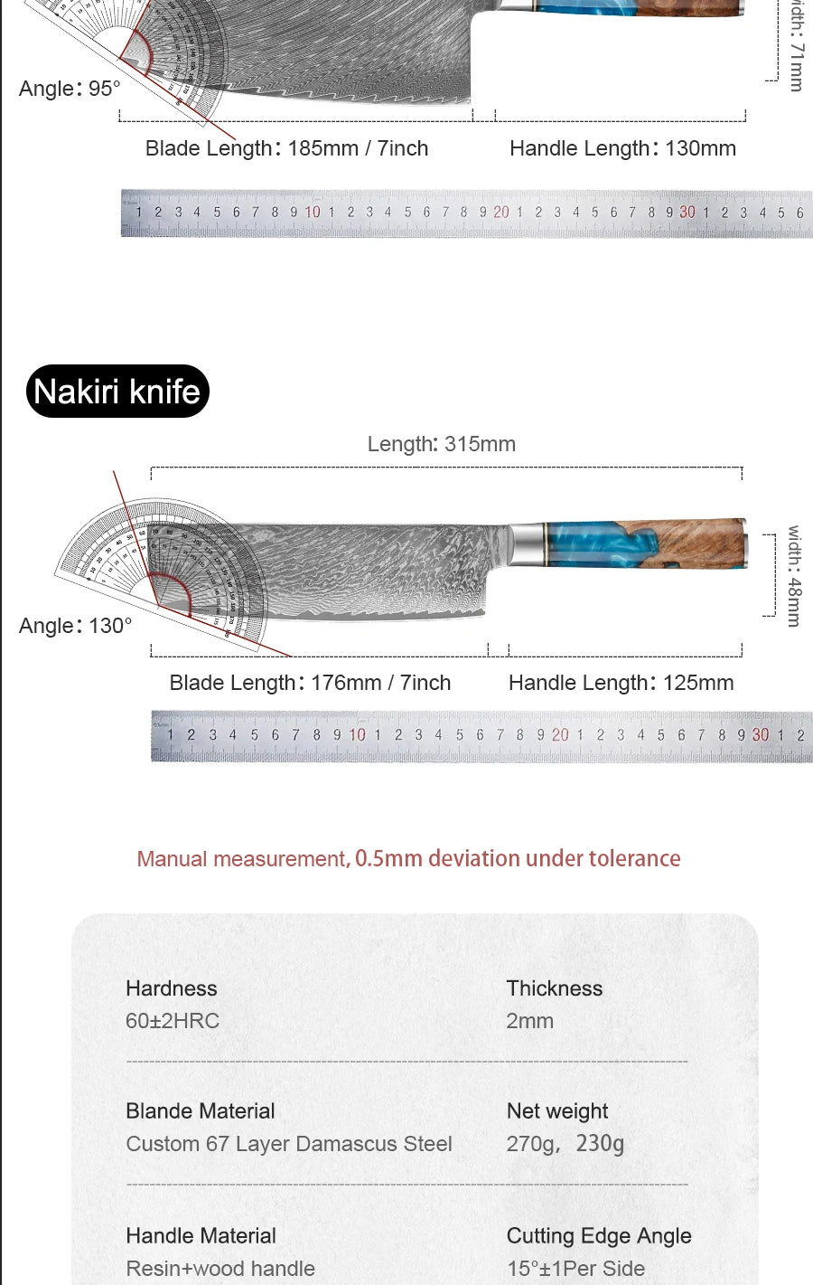 Kitchen Knives-Set Damascus Steel Cleaver Knife Nakiri Knife Meat Vegetable Blue Resin Handle set