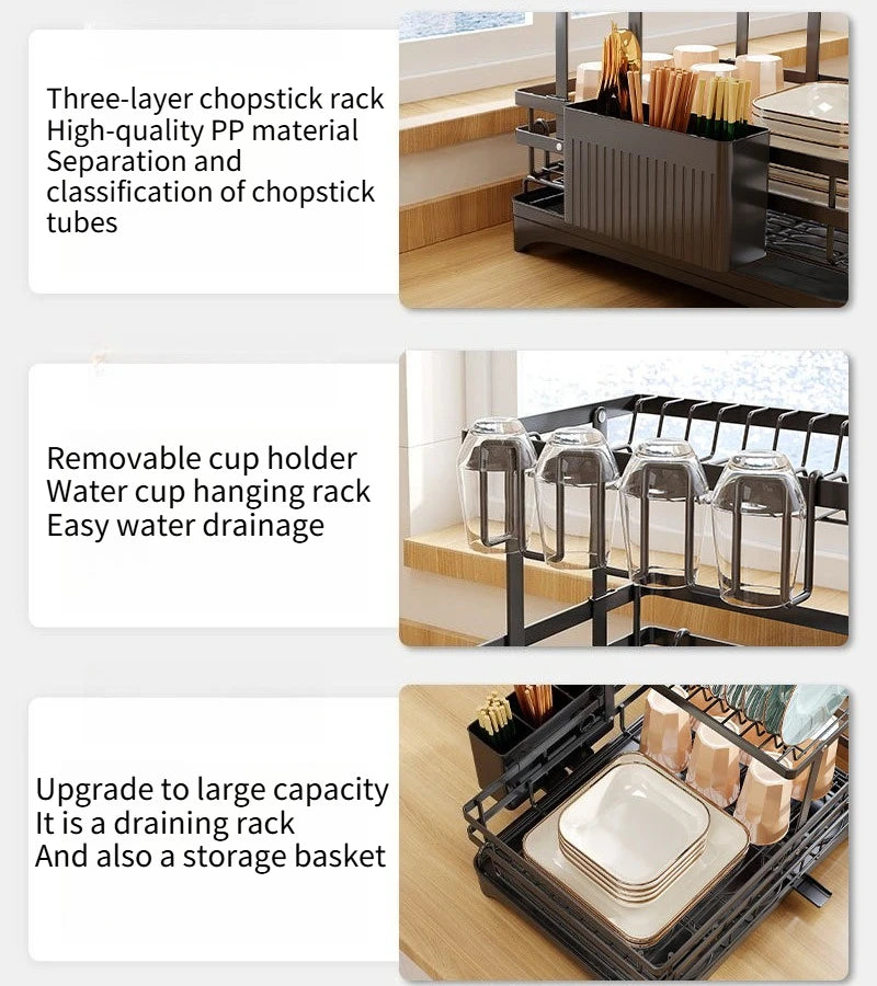 Kitchen Storage Rack, Foldable and Pull-out Cutlery Storage Platform, Double-layer Drain Basket, Bowl and Plate Storage Rack