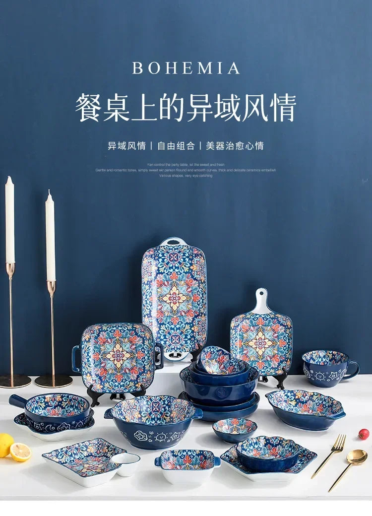 Bohemia Ceramic Rice Bowl Serving Plate Creative Ceramic Cutlery Soup Noodle Bowl Household Handle Bowl Sauce Dish