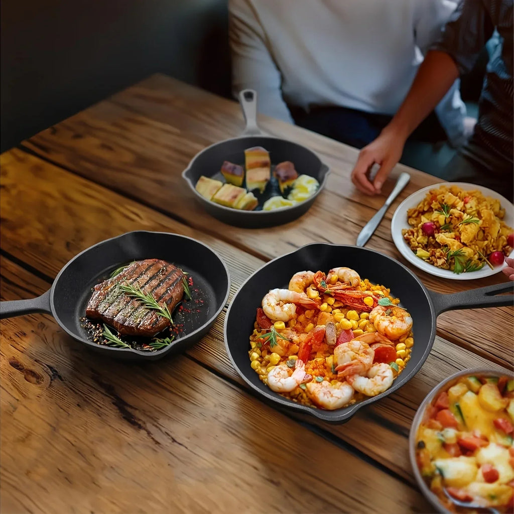 3-Piece Bare Cast Iron Skillet Set (6/8/10 Inches) | 100% Natural Seasoning, No Chemical Coatings | Clan Sand Cast.