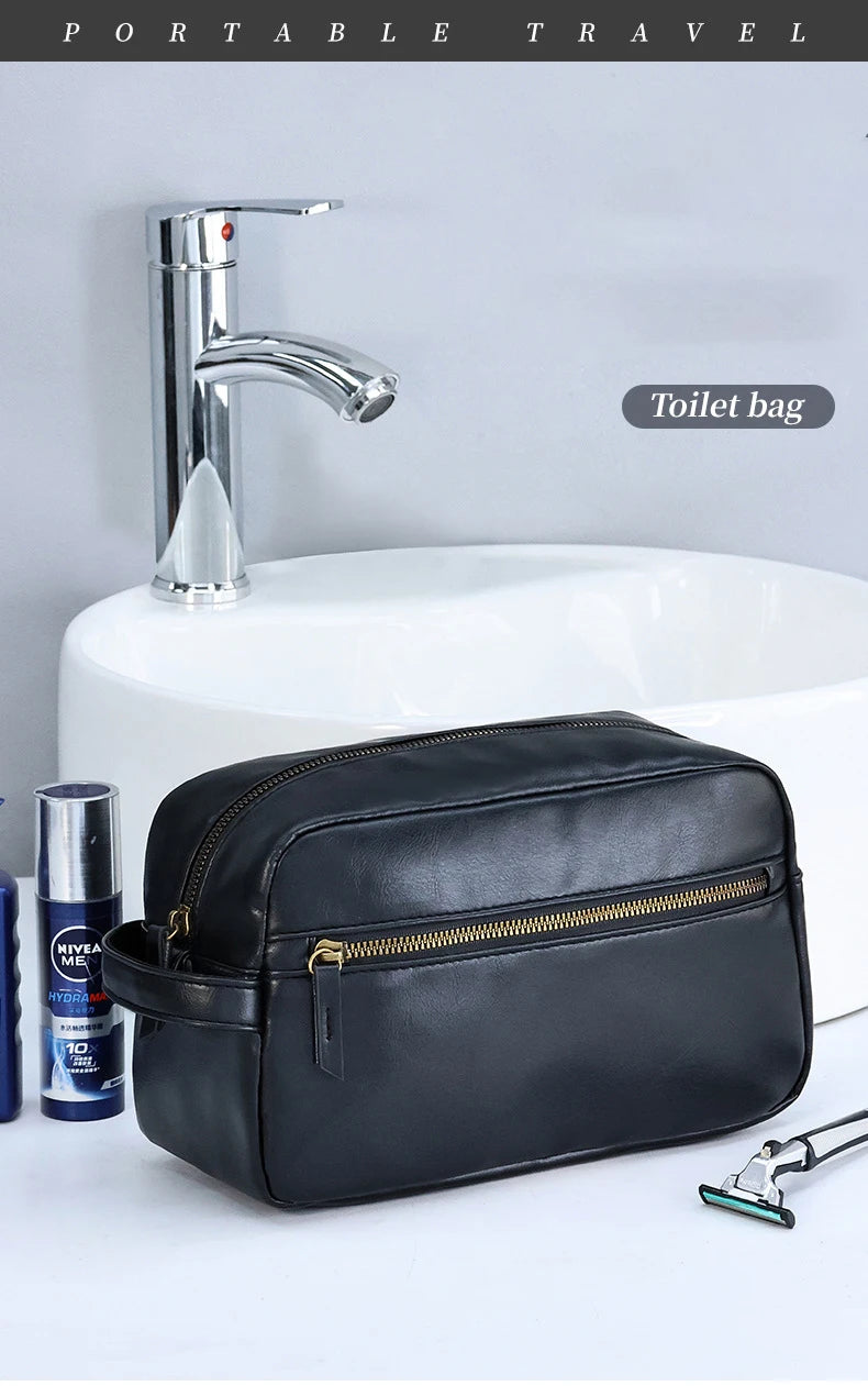 Men Business Travel Wash Toiletry Bag Waterproof PU Leather Bathroom Shaving Tools Organizer Bag Makeup Pouch Women Cosmetic Bag