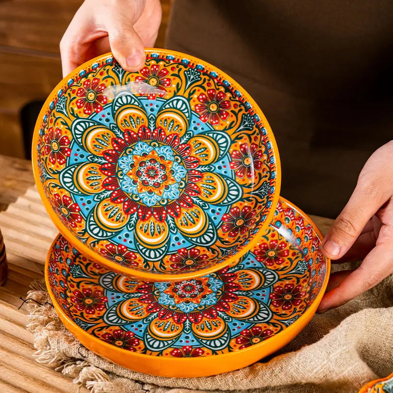 Bohemia Ceramic Rice Bowl Serving Plate Creative Ceramic Cutlery Soup Noodle Bowl Household Handle Bowl Sauce Dish