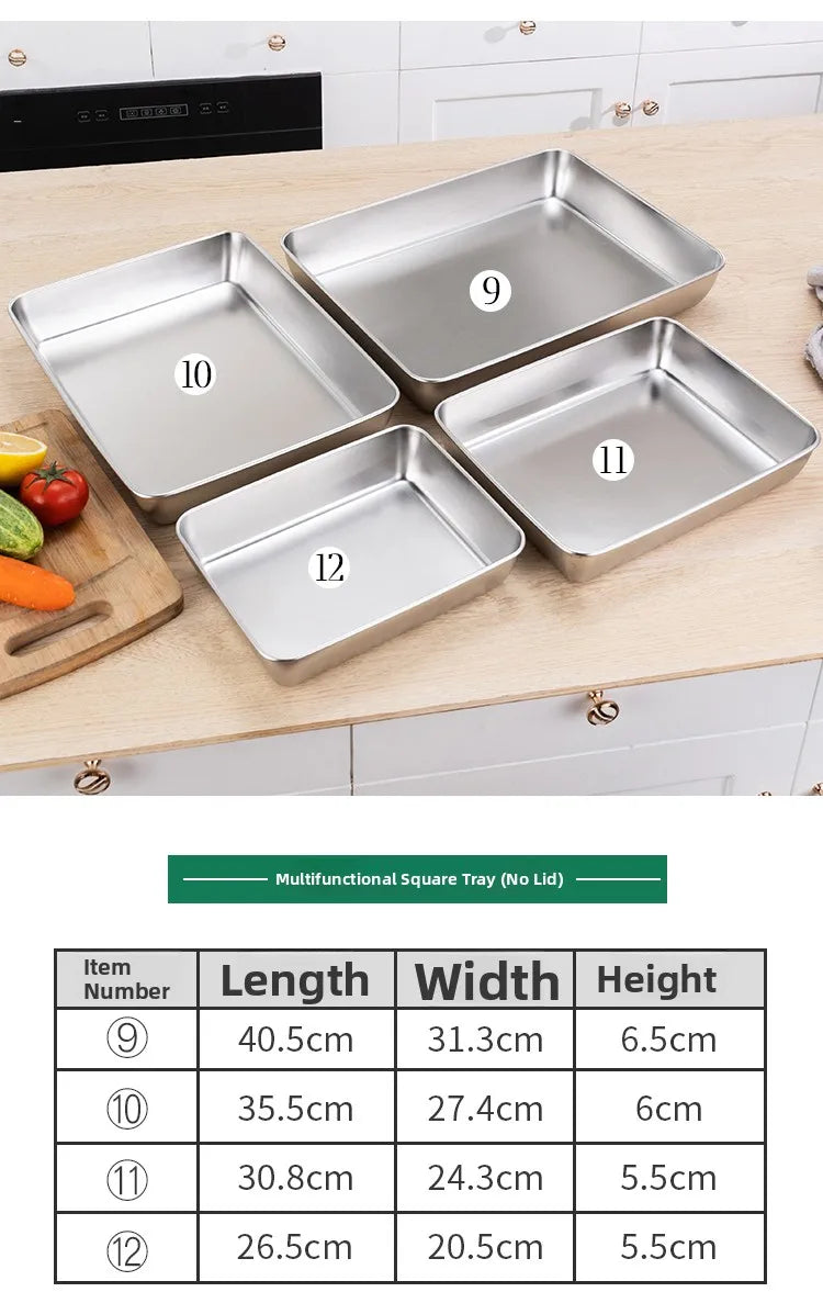Stainless Steel Thickened Flat Bottom Rectangular Dish with Lid for Baking Steaming Dessert Dish Restaurant Fast Food Platter