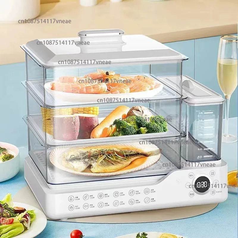 Electric Steamer with Water Tank for Simmering, Steaming, and Cooking Three-Tier Multifunctional Breakfast Maker for Home Use