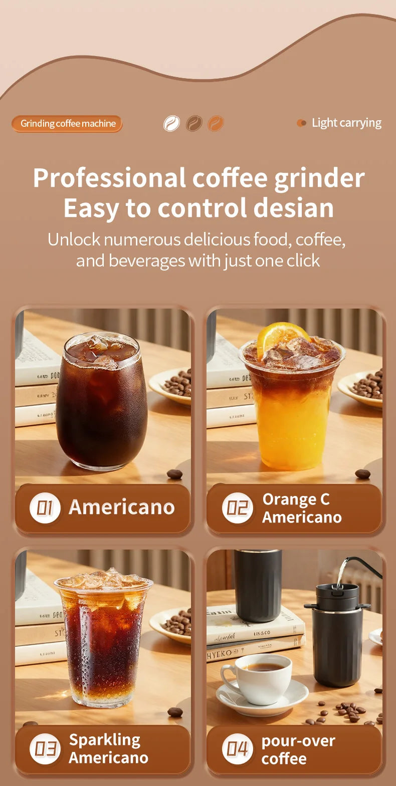 All-in-One Coffee Maker Travel-Friendly Handheld Espresso Machine with Built-in Grinder Mini Pour over Cup for Home And Outdoor