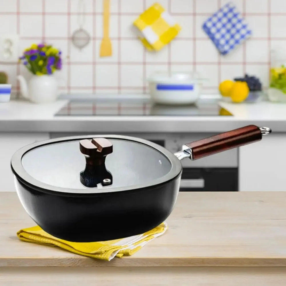 Cookware Refined Iron Square Frying Pan No Coating Flat Bottomed Stir Fry Pot with Visible Cover Wood Handle Wok Restaurant