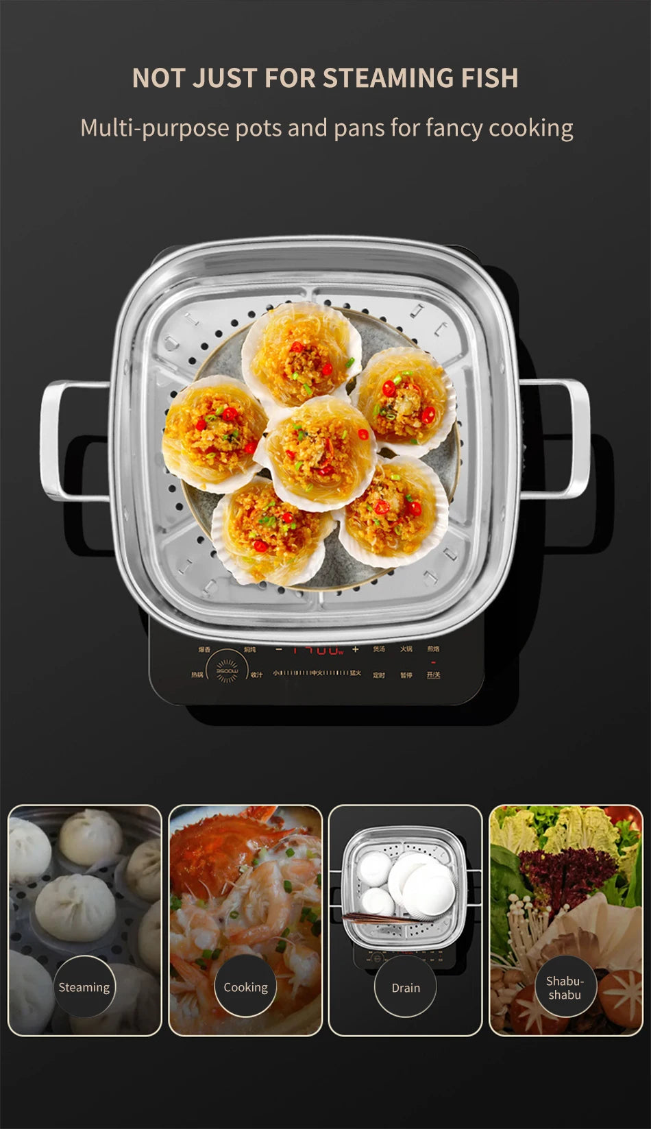 Household Square Steamer 316 Stainless Steel Thickened Three-Layer Steamer Tray Multifunctional for Gas & Electromagnetic Use